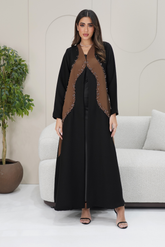 Midnight Elegance Abaya with Brown Front Panel & Beadwork Detail