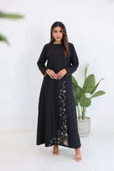 Round Neck Overlapped Front Embroidered Abaya with Contrast Inner Panel