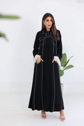 Running Stitch Contrast Abaya with Attached Lace Details