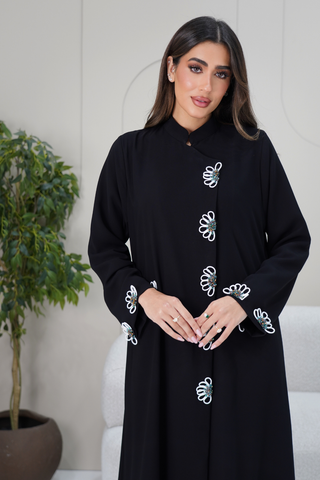 Chinese Collar Abaya with Floral Embroidery