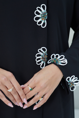 Chinese Collar Abaya with Floral Embroidery