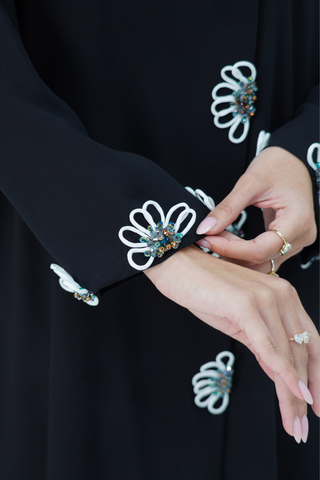 Chinese Collar Abaya with Floral Embroidery