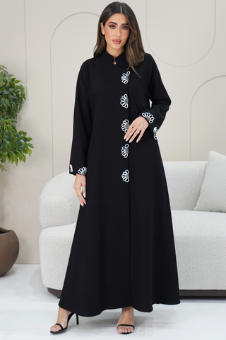 Chinese Collar Abaya with Floral Embroidery