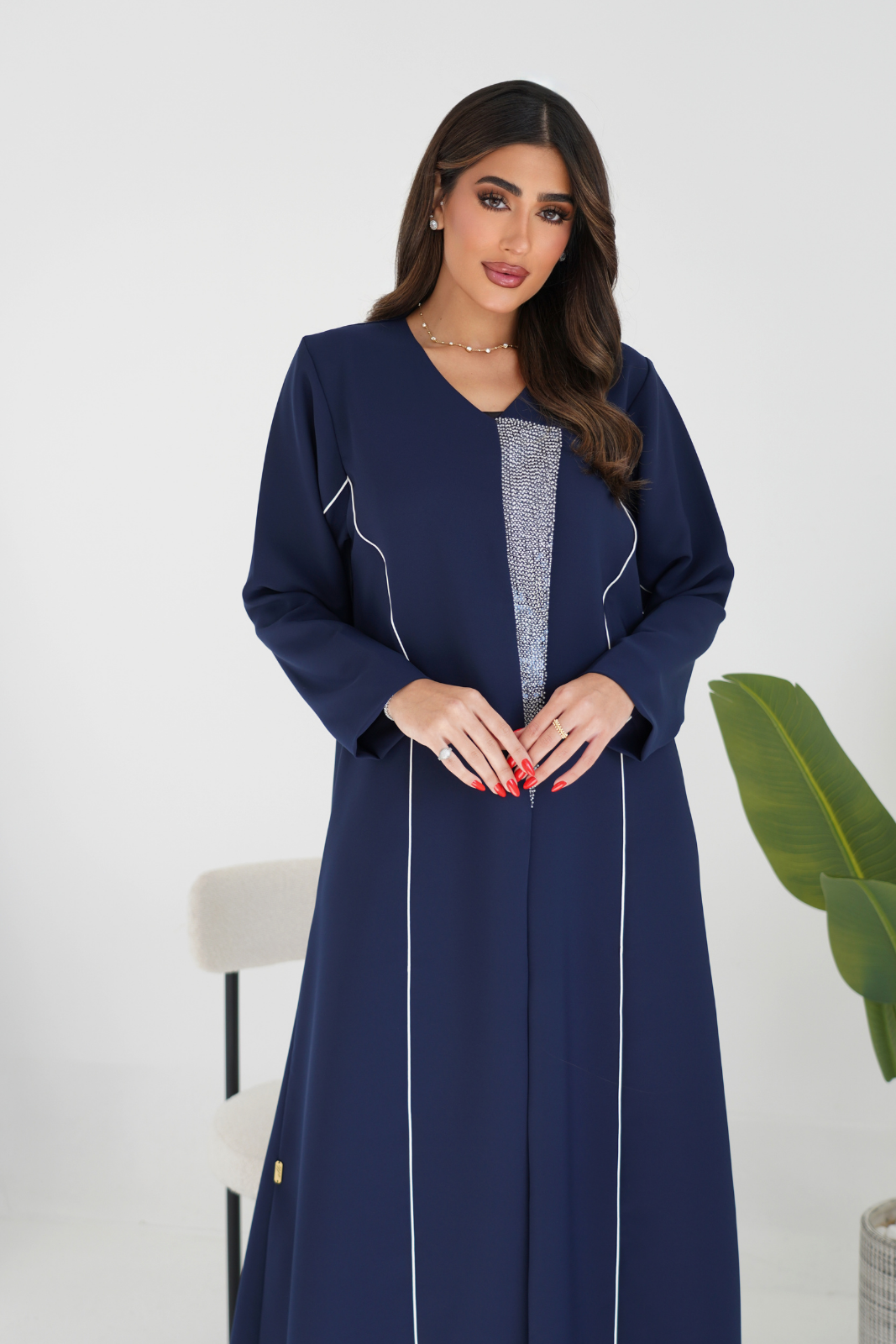 Abaya with Contrast Piping & Front Fabric Accent