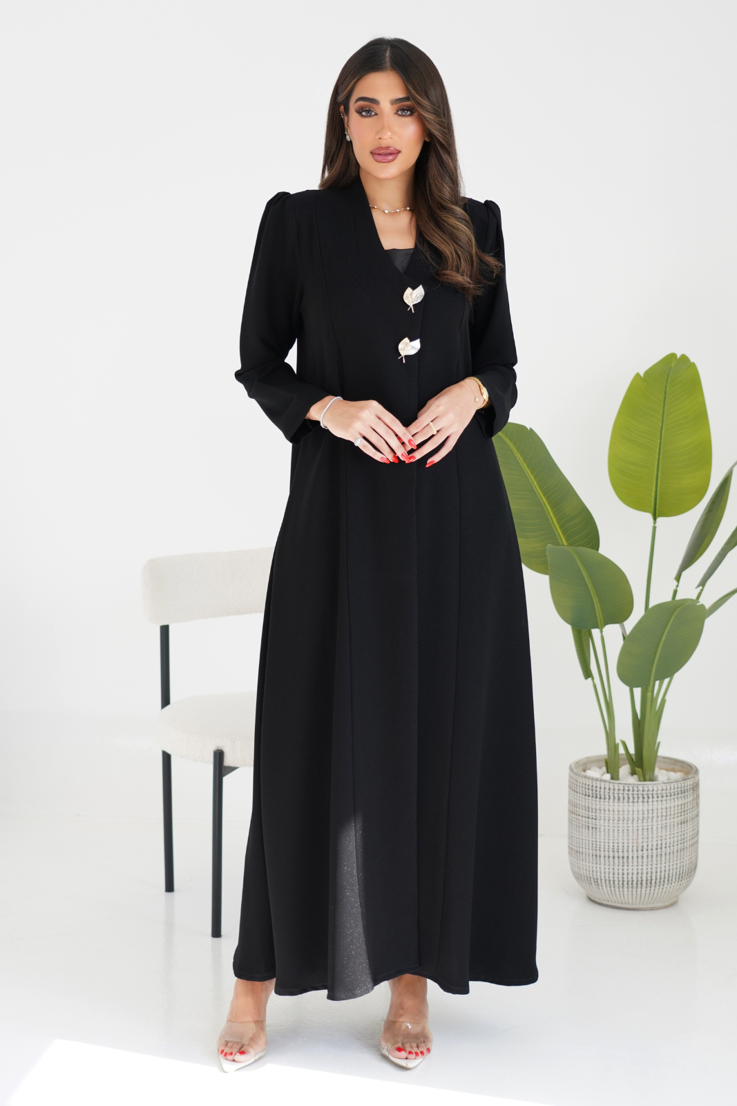 Front-Detail Abaya with Soft Shoulder Gathers