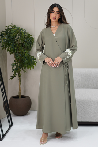 Beaded Cuff Front-Overlap Abaya with Rope Tie