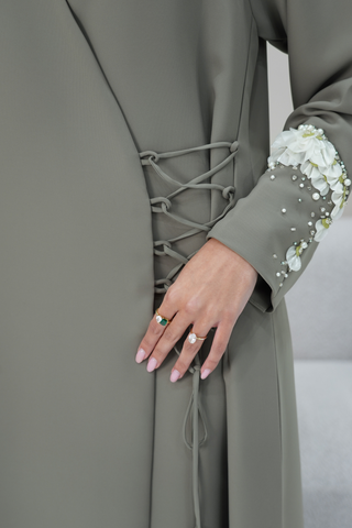 Beaded Cuff Front-Overlap Abaya with Rope Tie