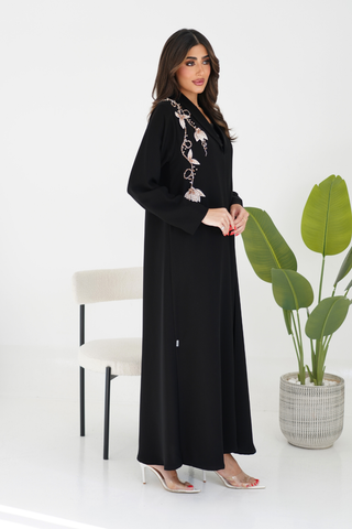 Collared Abaya with Embossed Shoulder Embroidery