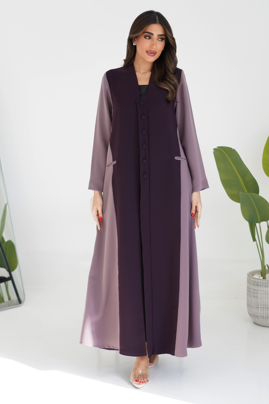 Two-Tone Abaya with Covered Buttons & Pockets