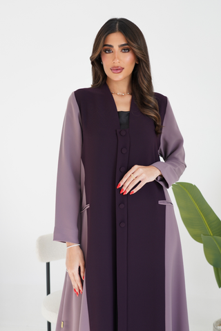 Two-Tone Abaya with Covered Buttons & Pockets