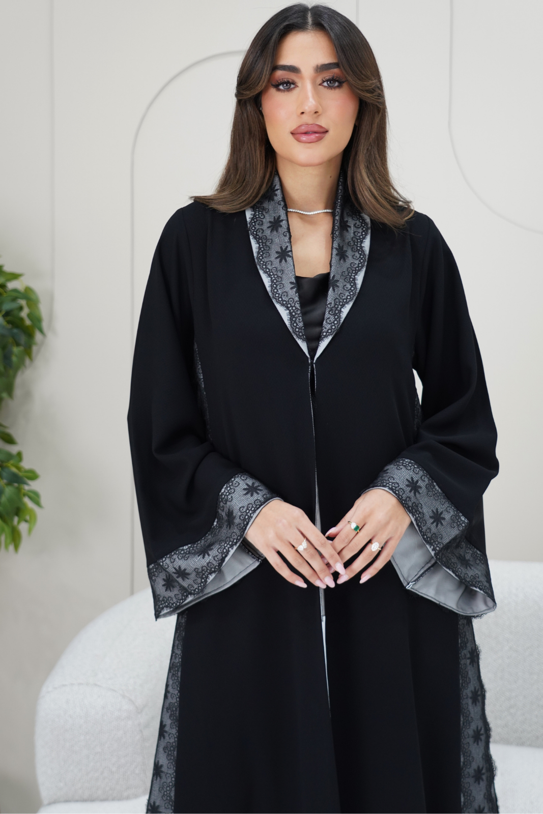 Grey-Lined Lace Collared Abaya