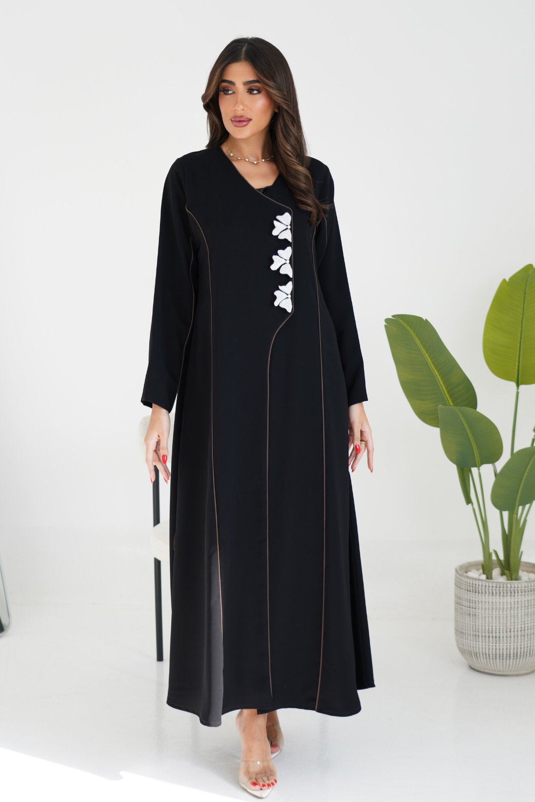 Abaya with Contrast Front Piping & Simple Embroidery