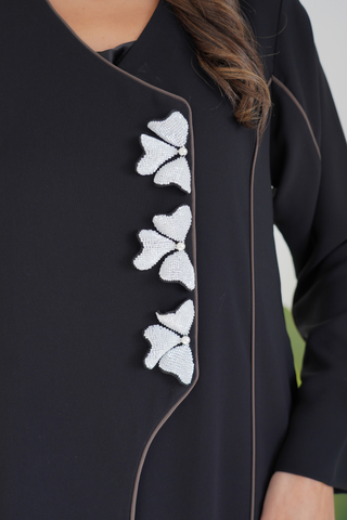 Abaya with Contrast Front Piping & Simple Embroidery