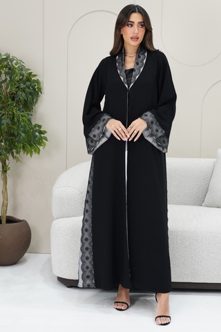 Grey-Lined Lace Collared Abaya