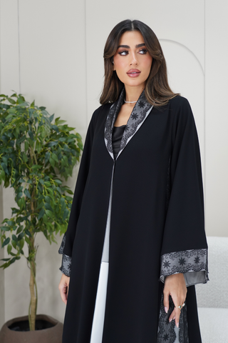 Grey-Lined Lace Collared Abaya