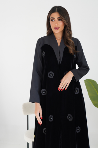 Velvet Abaya with Embossed Floral Embroidery