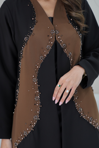 Midnight Elegance Abaya with Brown Front Panel & Beadwork Detail