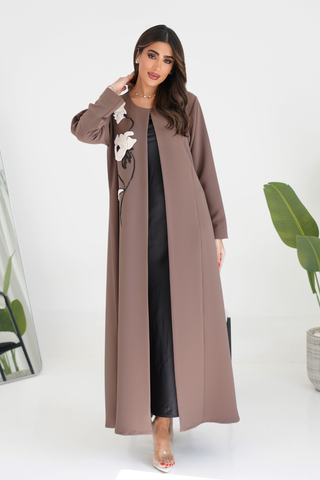 Round-Neck Abaya with Embossed Floral Embroidery