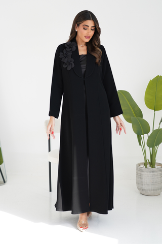 Collared Abaya with Floral Shoulder Detail