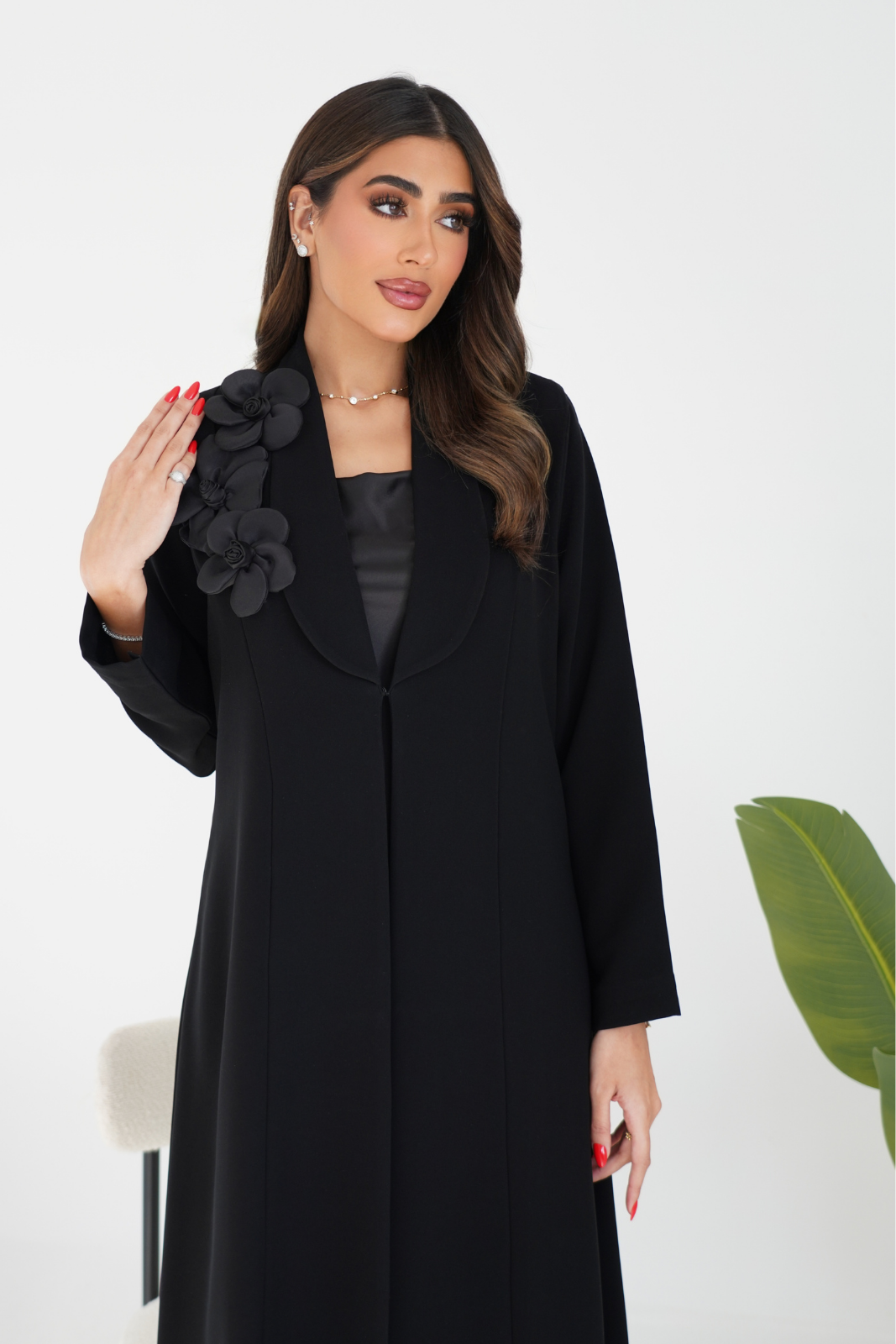 Collared Abaya with Floral Shoulder Detail