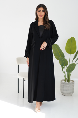 Collared Abaya with Detailed Patch Pockets & Sleeve Accent