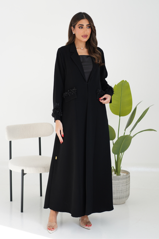 Collared Abaya with Detailed Patch Pockets & Sleeve Accent