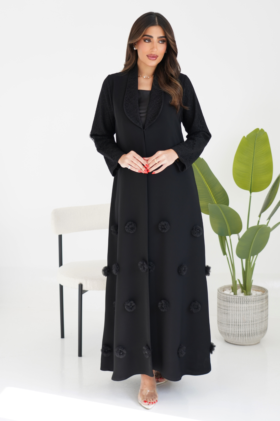 Collared Abaya with Floral Emboss and Delicate Lace Detailing