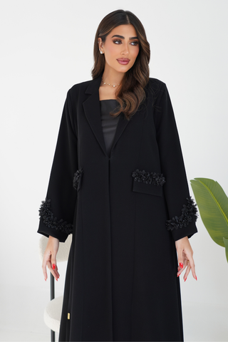 Collared Abaya with Detailed Patch Pockets & Sleeve Accent