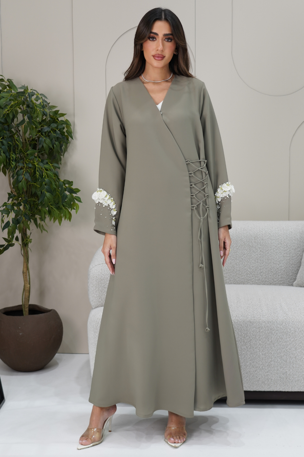 Beaded Cuff Front-Overlap Abaya with Rope Tie