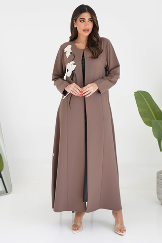 Round-Neck Abaya with Embossed Floral Embroidery