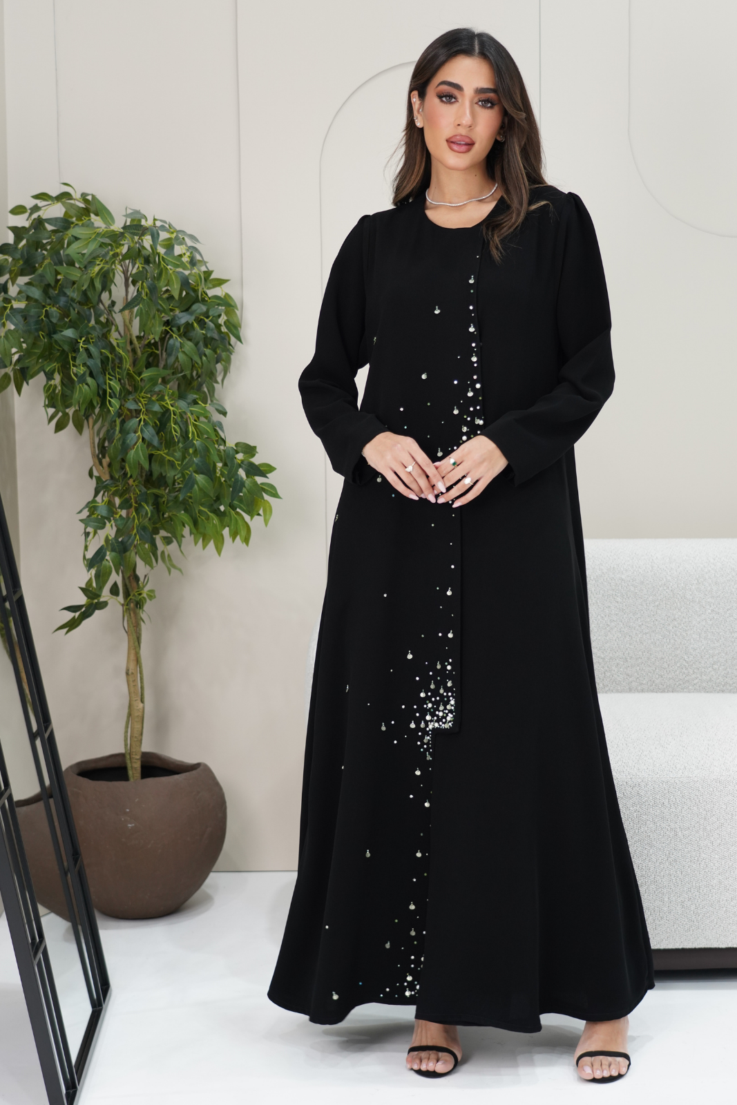 Gathered Shoulder Abaya with Front-Line Embroidery