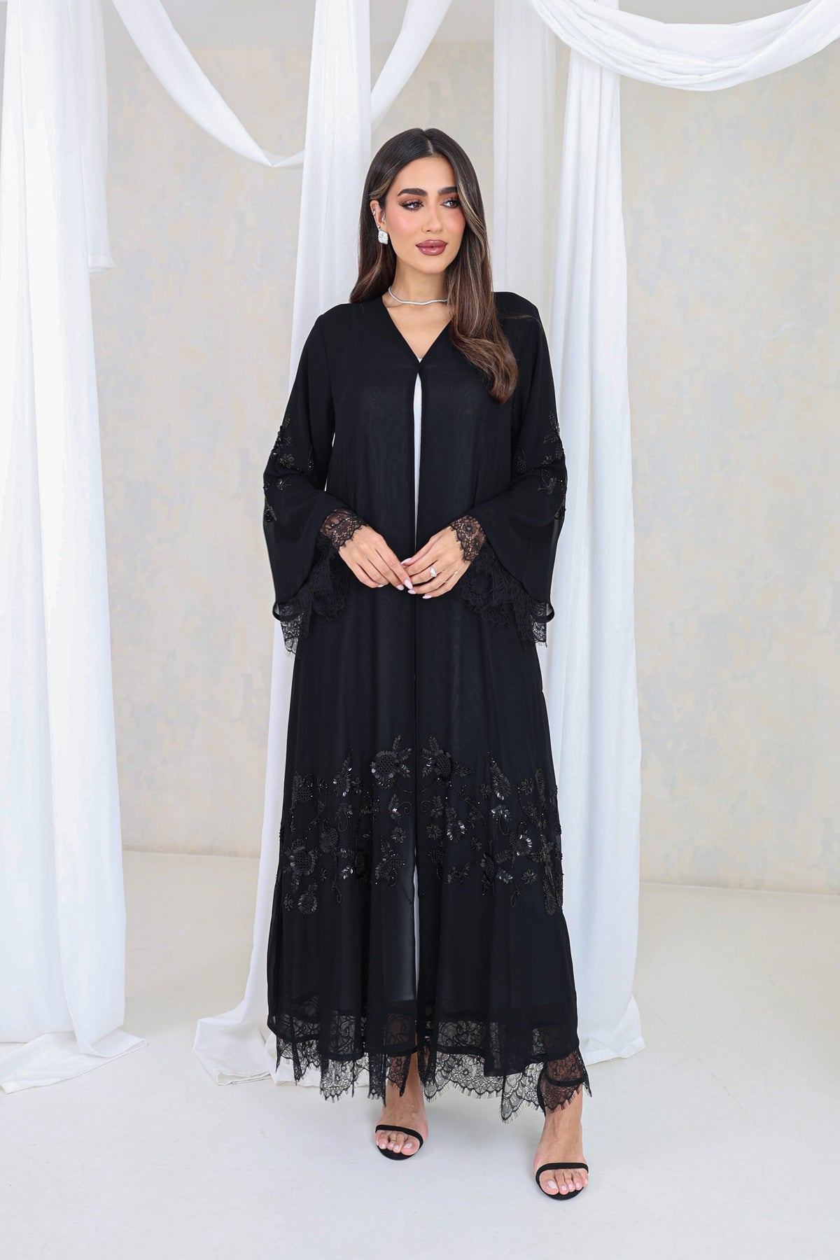 Black Lace & Floral Embroidery Abaya
