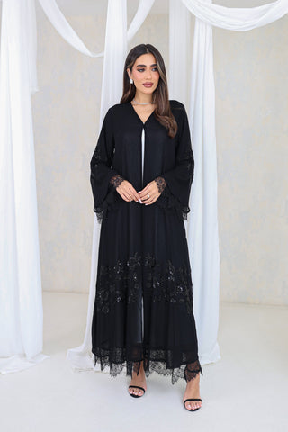 Black Lace & Floral Embroidery Abaya