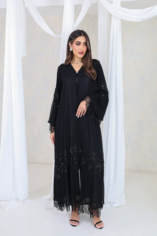 Black Lace & Floral Embroidery Abaya