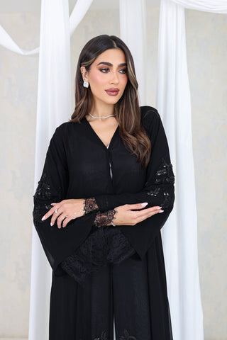 Black Lace & Floral Embroidery Abaya