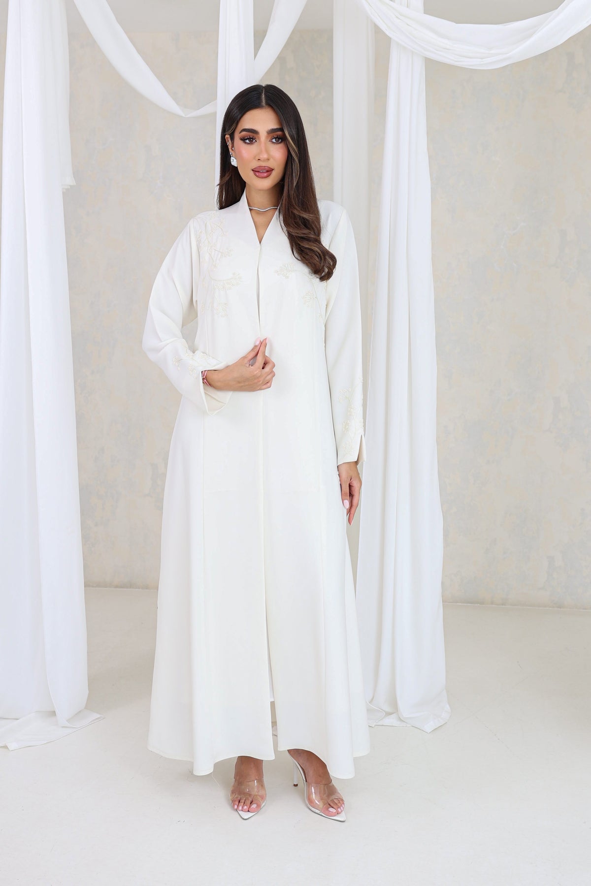 Ivory Floral Embroidered Abaya
