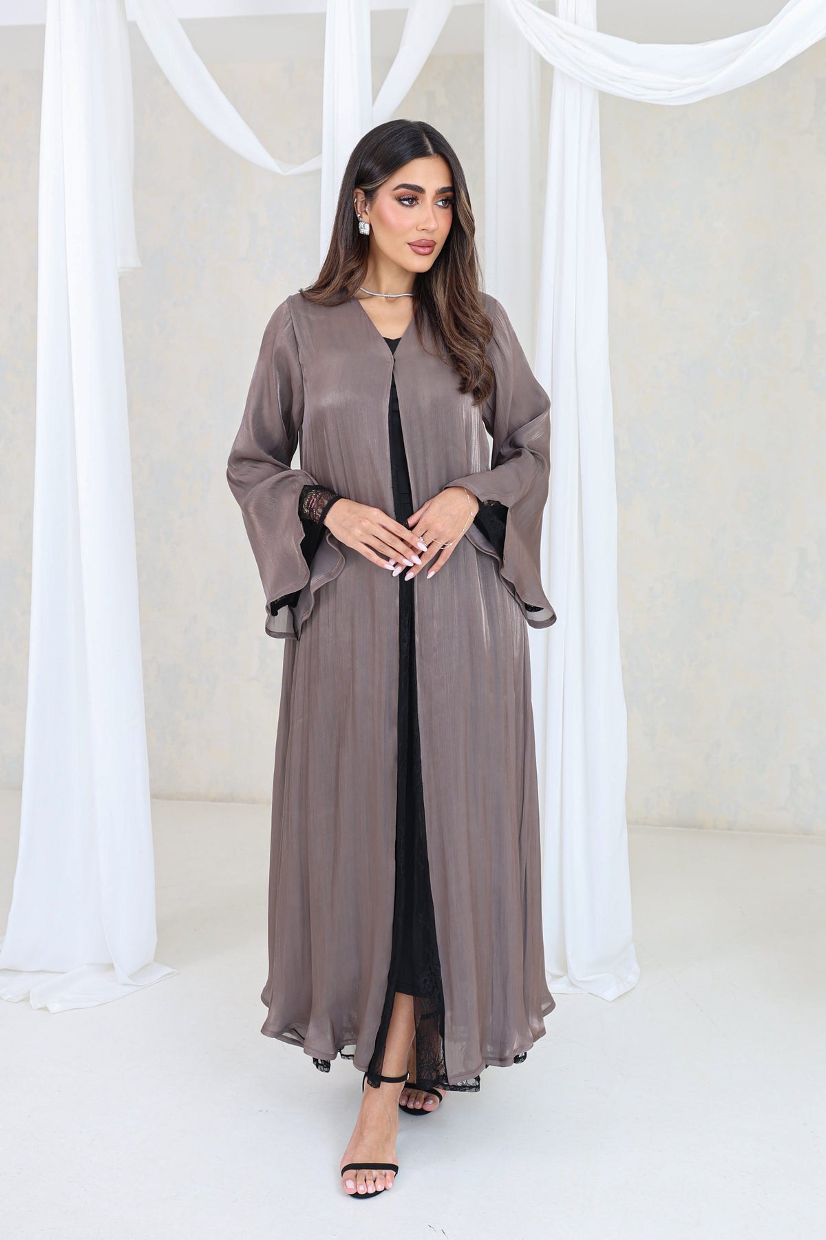 Taupe Bell-Sleeve Lace Abaya
