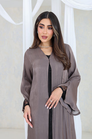 Taupe Bell-Sleeve Lace Abaya