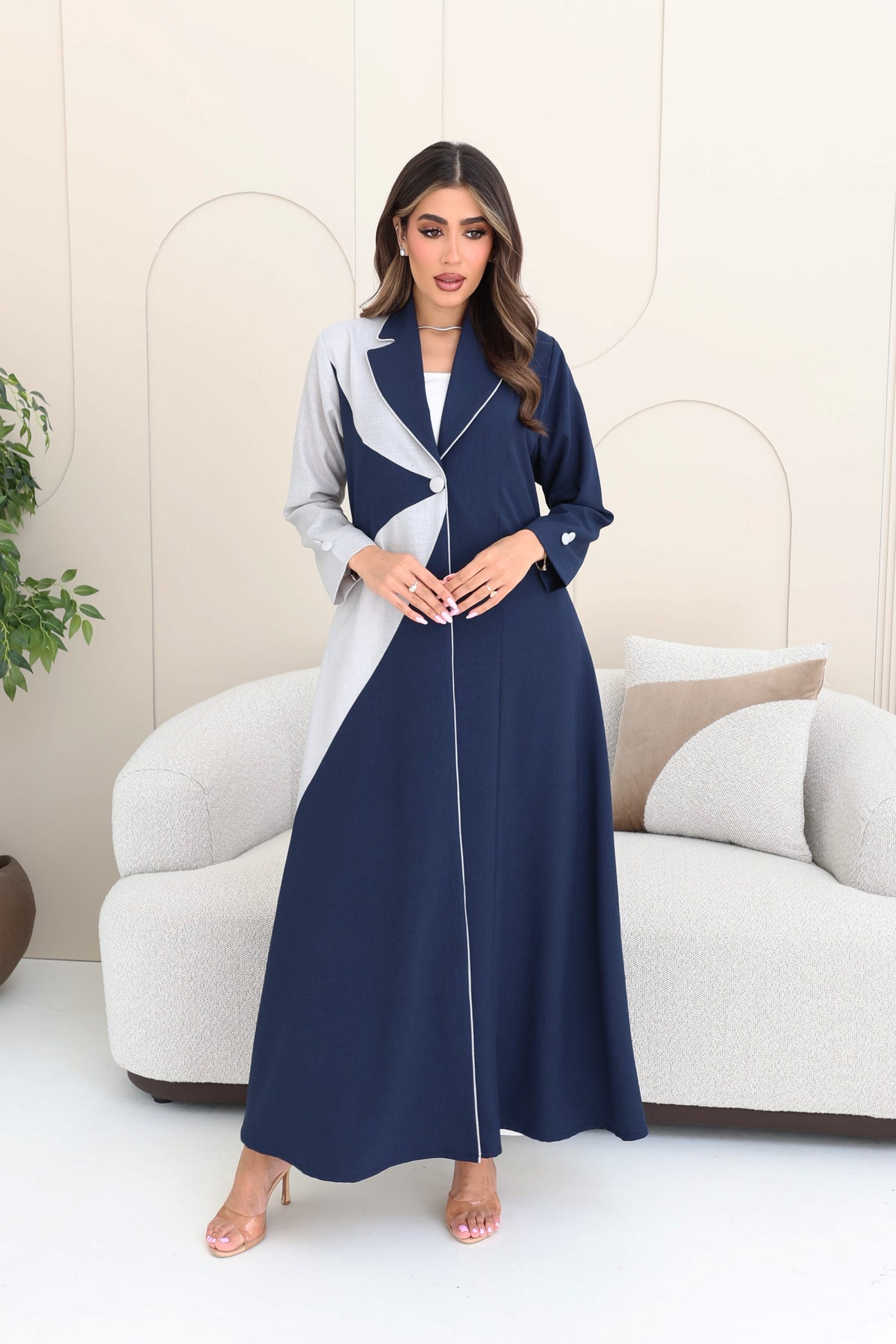 Contrast collared abaya with fabric button details