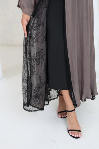 Taupe Bell-Sleeve Lace Abaya