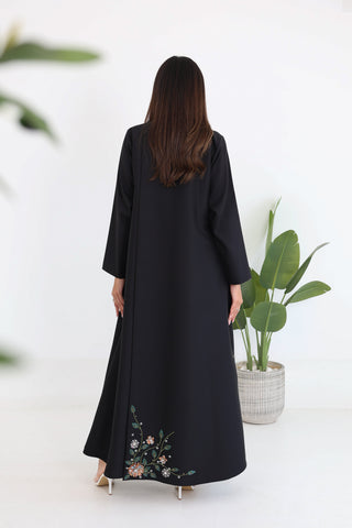 Round Neck Overlapped Front Embroidered Abaya with Contrast Inner Panel