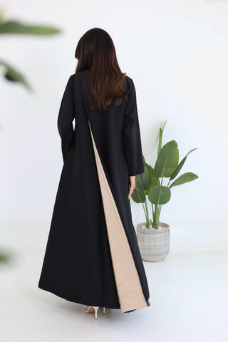 Round Neck Overlapped Front Embroidered Abaya with Contrast Inner Panel