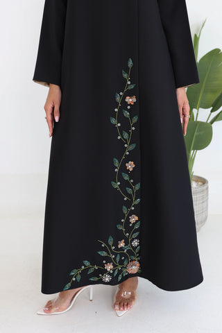 Round Neck Overlapped Front Embroidered Abaya with Contrast Inner Panel
