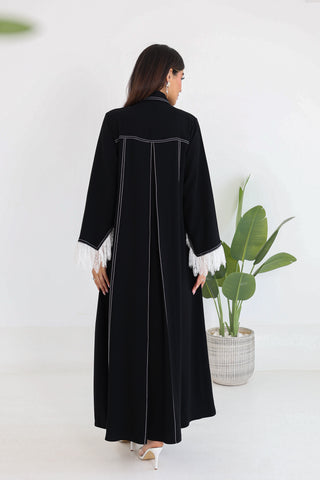 Running Stitch Contrast Abaya with Attached Lace Details