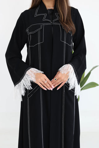 Running Stitch Contrast Abaya with Attached Lace Details