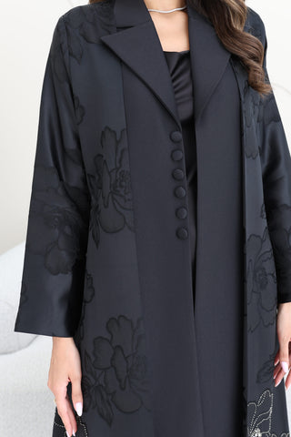 Collared abaya with embroidery and buttoned details