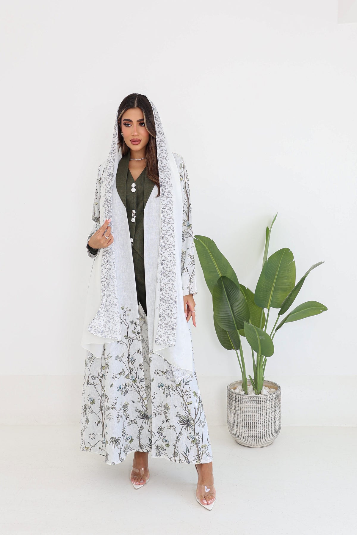 White Linen Jacket Abaya with Green Sleeveless Top & Pants – 4-Piece Set