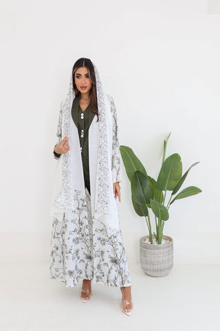 White Linen Jacket Abaya with Green Sleeveless Top & Pants – 4-Piece Set