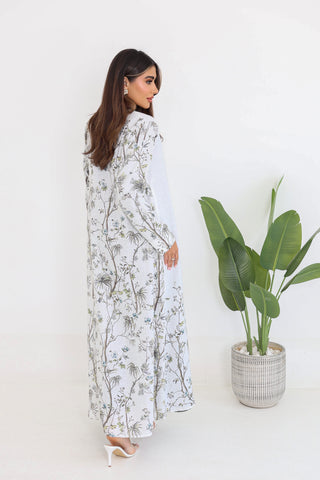 White Linen Jacket Abaya with Green Sleeveless Top & Pants – 4-Piece Set
