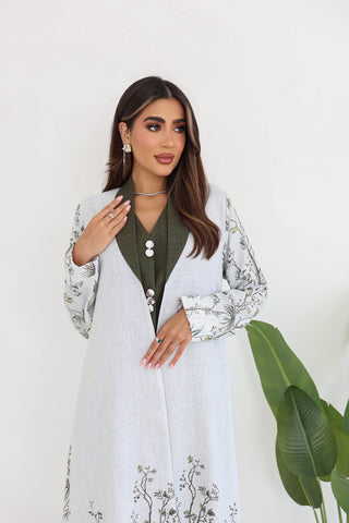 White Linen Jacket Abaya with Green Sleeveless Top & Pants – 4-Piece Set